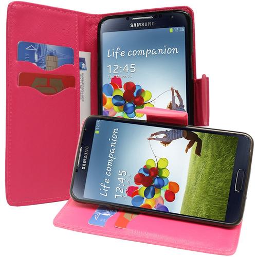 Etui Portefeuille Pour Samsung Galaxy S4 I9500 5.0" Support Video Cuir Pu Effet Tissu - Rose