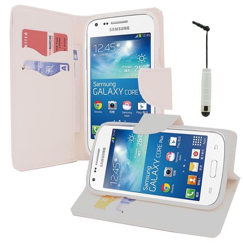 Etui Portefeuille Pour Samsung Galaxy Core Plus G3500/ Trend 3 G3502 Support Video Cuir Pu Effet Tissu - Blanc + Mini Stylet