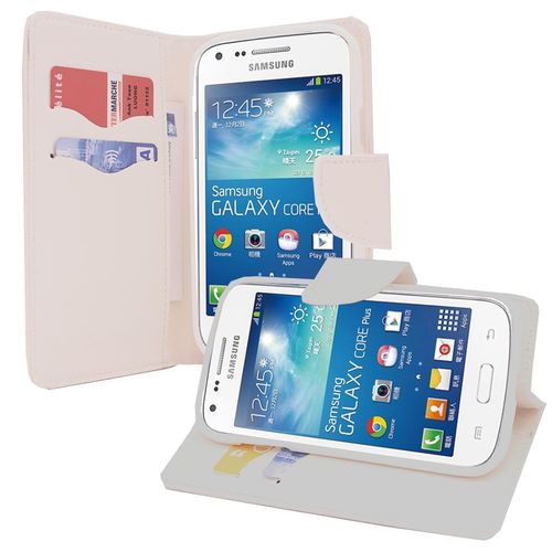Etui Portefeuille Pour Samsung Galaxy Core Plus G3500/ Trend 3 G3502 Support Video Cuir Pu Effet Tissu - Blanc