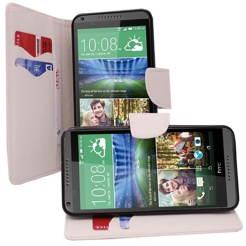 Etui Portefeuille Pour Htc Desire 816/ 816g Dual Sim Support Video Cuir Pu Effet Tissu - Blanc