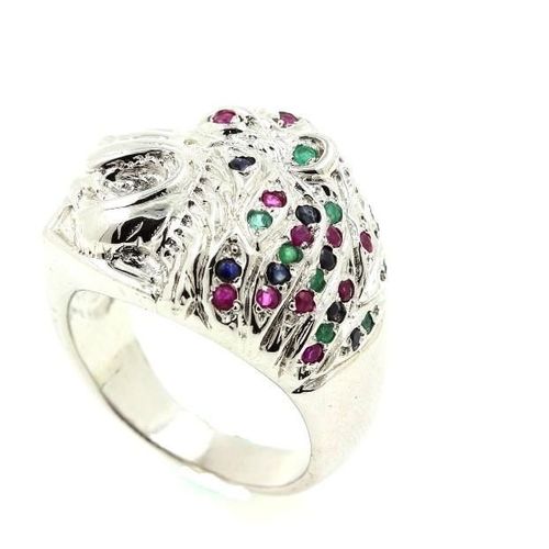 Bague Emeraude Saphir Rubis   Argent 925 . En Forme De Lion