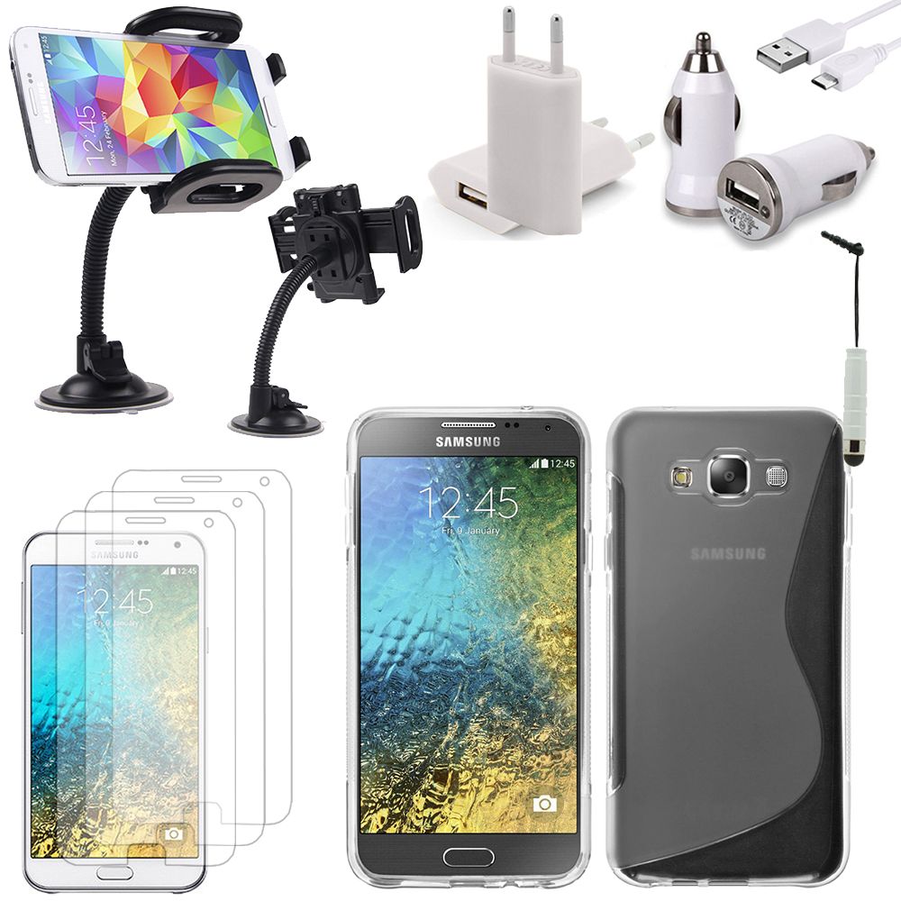 Samsung Galaxy E7 Sm-E700 E7000 E7009 E700f E700f/Ds E700h E700h/Dd E700h/Ds E700m E700m/Ds: Lot Etui Housse Coque Pochette Accessoires Support Chargeur Voiture Films Stylet Silicone Gel - Transparent