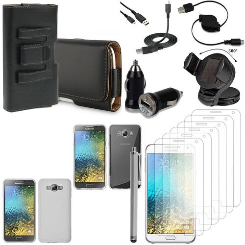 Samsung Galaxy E7 Sm-E700 E7000 E7009 E700f E700f/Ds E700h E700h/Dd E700h/Ds E700m E700m/Ds: Lot Etui Housse Coque Pochette Accessoires Silicone Gel Support Chargeur Voiture Films Stylet Cuir Clip Ceinture - Blanc