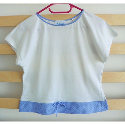 T-Shirt Blanc À Quadrillage Bleu Et Noeud. Etam. Taille 38
