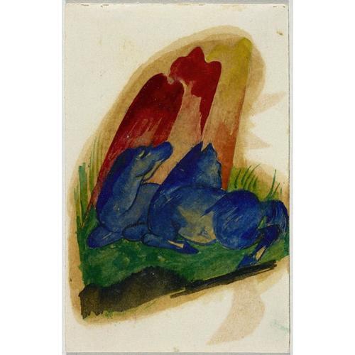 Canevas imprimer Deux chevaux bleus devant un rocher rouge (1913) Impression sur toile Roulée Tableau Art Décoration Murale / Sans cadre 40x50cm ou 45x45cm