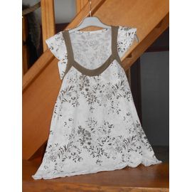 Top "" La Halle "", Blanc Et Marron, Ts