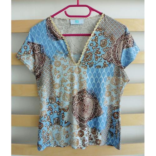 T-Shirt Fleuri Marron Et Bleu. Pecca. Taille 4/42