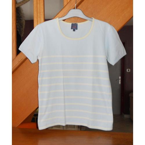 T-Shirt "" Tbs "", Bleu Et Ecru, T40