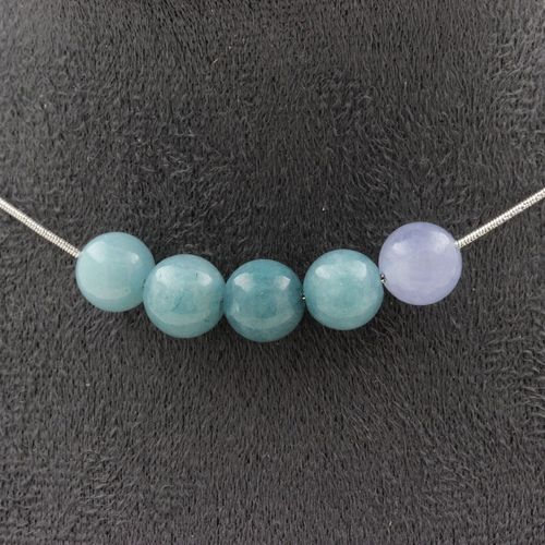 Collier 5 Perles Aigue-Marine 8 Mm. Chaine En Acier Inoxydable Collier Femmes, Hommes. Taille Personnalisable.