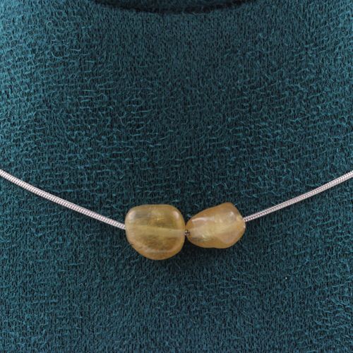 Collier 2 Perles Apatite Jaune De Madagascar. Chaine En Acier Collier Femmes, Hommes. Taille Personnalisable.