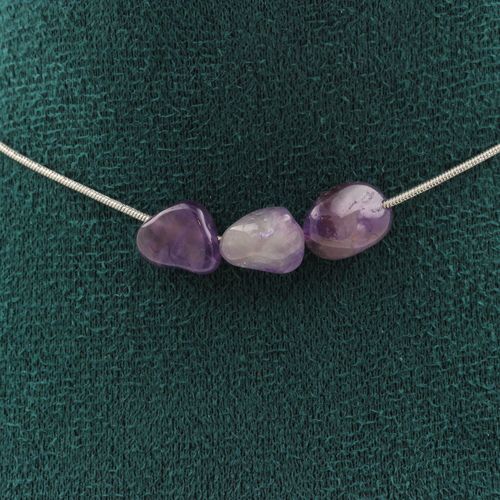 Collier 3 Perles Améthyste Du Brésil. Chaine En Acier Inoxydable Collier Femmes, Hommes. Taille Personnalisable.