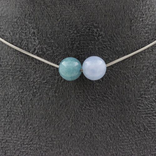 Collier 2 Perles Aigue-Marine 8 Mm. Chaine En Acier Inoxydable Collier Femmes, Hommes. Taille Personnalisable.