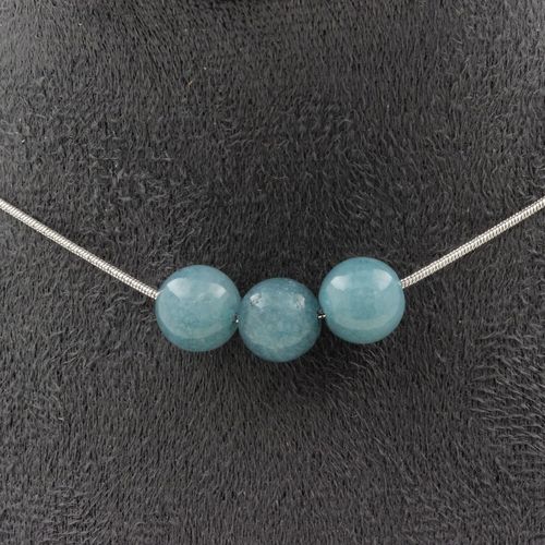 Collier 3 Perles Aigue-Marine 8 Mm. Chaine En Acier Inoxydable Collier Femmes, Hommes. Taille Personnalisable.