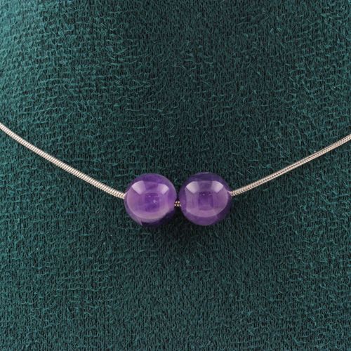 Collier 2 Perles Améthyste 8 Mm. Chaine En Acier Inoxydable Collier Femmes, Hommes. Taille Personnalisable.