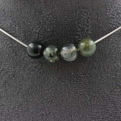 Collier 4 Perles Agate Mousse 8 Mm. Chaine En Acier Inoxydable Collier Femmes, Hommes. Taille Personnalisable.