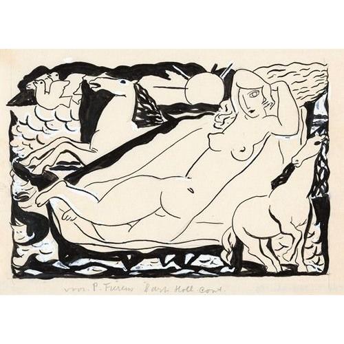 Canevas imprimer de Paul Fierens ; liggend naakt met daarbij afgebeeld deux paarden et deux duiven (1932) Impression sur toile Roulée Tableau Art Décoration Murale / Sans cadre 40x50cm ou...