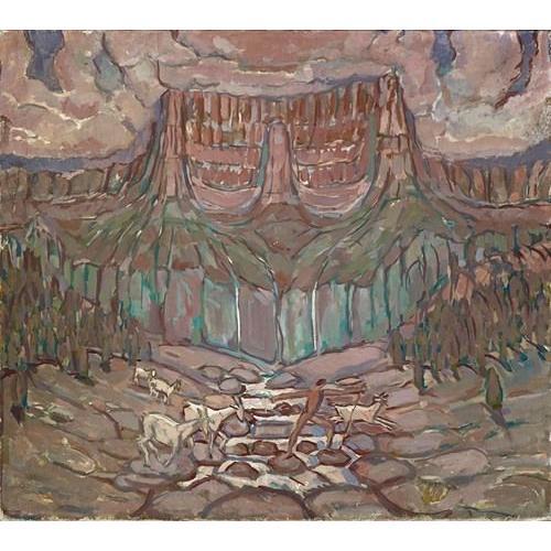 Canevas imprimer Berger et troupeau traversant une rivière dans les montagnes (1914) Impression sur toile Roulée Tableau Art Décoration Murale / Sans cadre 40x50cm ou 45x45cm