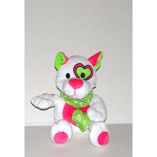 Chien Cocard Coeur Vert  Et Rose Fluo Avec Bandana  Et  Coeur Vert Peluche 34cm