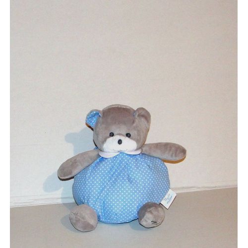 Ours Gris Blanc Bleu  Boule Patapouf Musti Tissus Bleu À Pois Blanc Mustela 21cm 