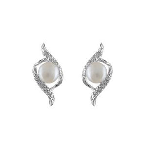 Boucles D'oreilles Argent Rhodié Perle Imitation Crème Et Petites Pierres Synthétiques Blanches