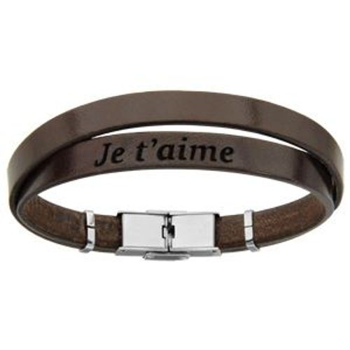 Bracelet Acier Et Cuir Bovin Marron Double Modèle Homme Message Caché "Je T'aime" 20cm Réglable