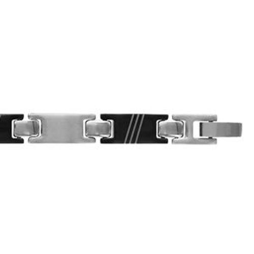 Bracelet Acier Gris Et Pvd Noir Motif Strié 21cm Réglable