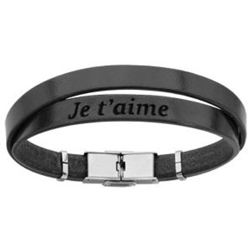 Bracelet Acier Et Cuir Bovin Noir Double Modèle Homme Message Caché "Je T'aime" 20cm Réglable