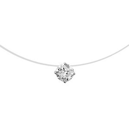 Collier Argent Rhodié Fil Nylon Solitaire Oxyde Blanc 7mm 42cm