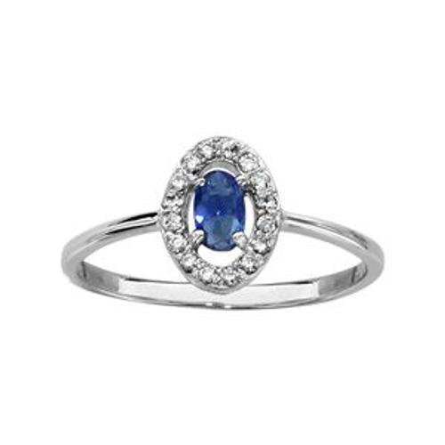 Bague Argent Rhodié Forme Ovale Verre Bleu Foncé Entourage Oxydes Blancs Sertis