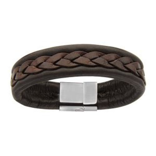 Bracelet Acier Et Cuir Bovin Marron Tressé Fermoir Satiné 21,5cm