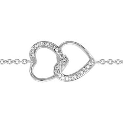 Bracelet Argent Rhodié Double Coeurs Superposés Oxydes Blancs Sertis 16+2cm