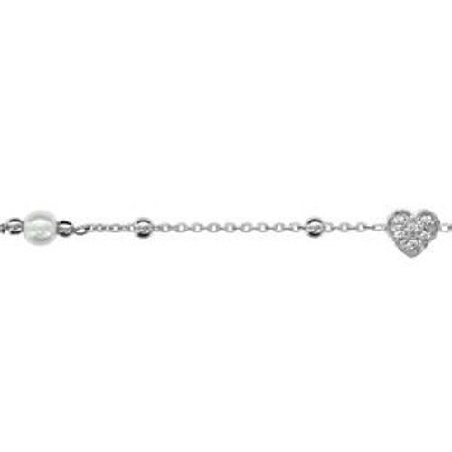Bracelet Argent Rhodié Boules Avec 1 Coeur Pierres Blanches Syhnthétiques Et Perle De Culture D'eau Douce 16+3cm