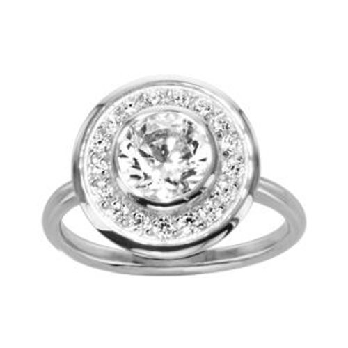 Bague Argent Rhodié Plateau Rond Pierre Centrale Ronde Blanche Contour Oxydes Blancs Sertis