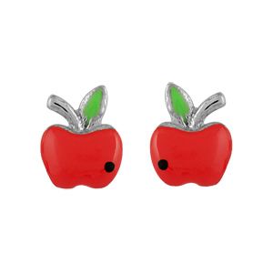 Boucles D'oreille Tige Argent Rhodié Pomme Rouge