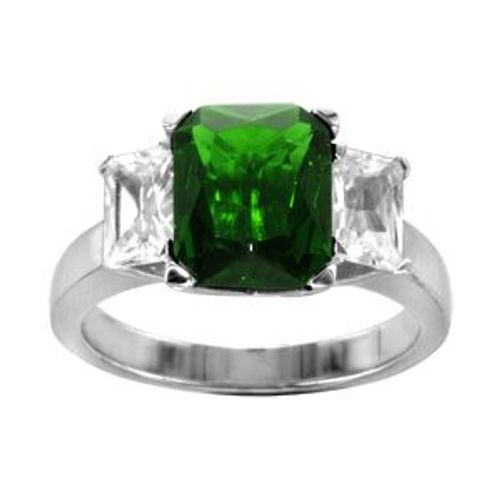 Bague Argent Rhodié Pierre Verte Et 2 Oxydes Blancs Sertis