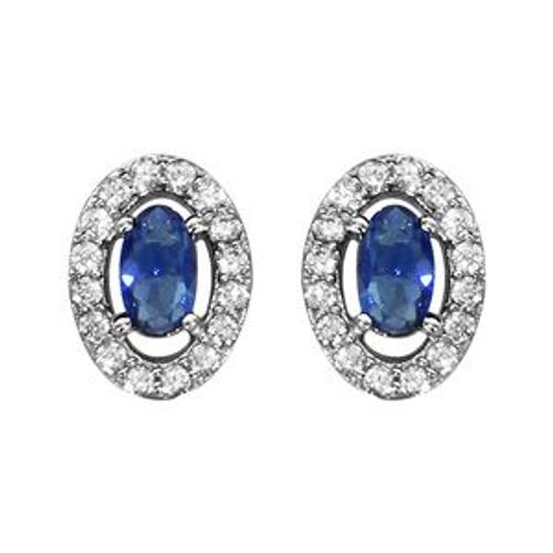 Boucles D'oreille Tige Argent Rhodié Forme Ovale Verre Bleu Foncé Entourage Oxydes Blancs Sertis