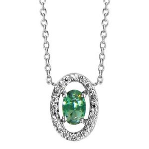 Collier Argent Rhodié Forme Ovale Verre Vert Entourage Oxydes Blancs Sertis 40+4cm