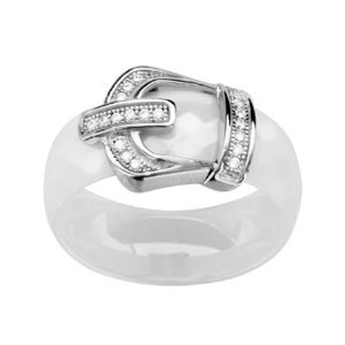 Bague Argent Rhodié Anneau Céramique Facette Blanche Motif Ceinture Oxydes Micro-Sertis Blancs