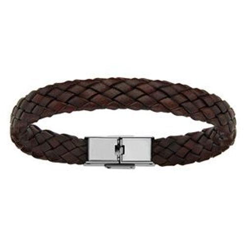 Bracelet Acier Et Cuir Bovin Tresse Marron 20,5cm Réglable