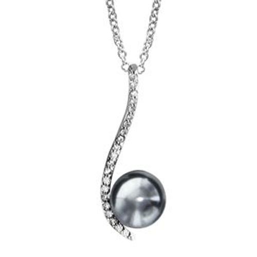Collier Argent Rhodié Forme Vague Pave Oxydes Blancs Sertis Avec Perle D'eau Douce Grise 40+4cm