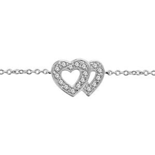 Bracelet Argent Rhodié Double Coeur Ajouré Contour Pierres Blanches 16+2cm