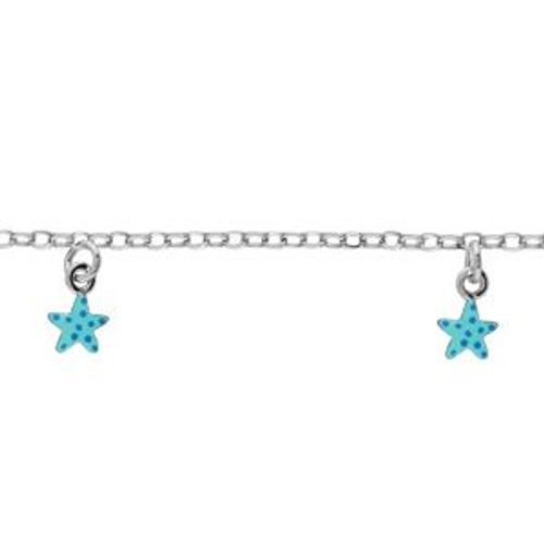 Bracelet Argent Rhodié 3 Pampilles Étoiles De Mer Bleues 14+2cm