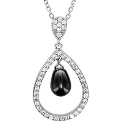 Collier Argent Rhodié Forme Goutte Évidée Avec Perle Imitation Grise 40+4cm