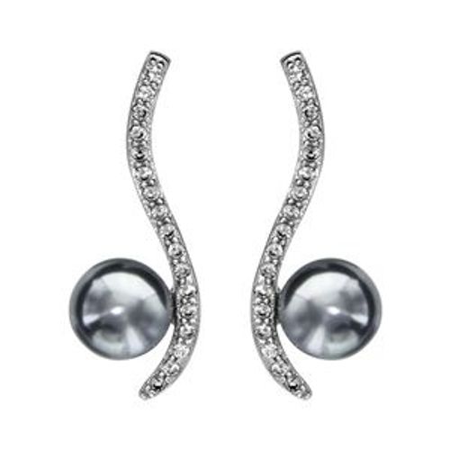 Boucles D'oreille Tige Argent Rhodié Forme Vague Oxydes Blancs Sertis Avec Perle D'eau Douce Grise