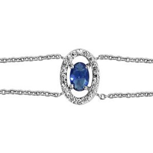 Bracelet Argent Rhodié Forme Ovale Verre Bleu Foncé Entourage Oxydes Blancs Sertis 16+2cm