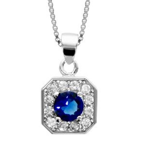 Collier Argent Rhodié Pendentif Carré Oxydes Sertis Blancs Pierre Centrale Bleu 42+3cm