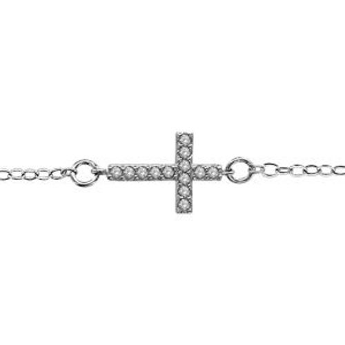 Bracelet Argent Rhodié Motif Croix Oxydes Blancs Micro-Sertis 16+2cm