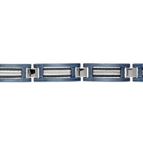 Bracelet Acier 2 Cables Noirs 1 Gris Central Cadre Pvd Bleu Double Fermoir Réglable 21,5+1cm