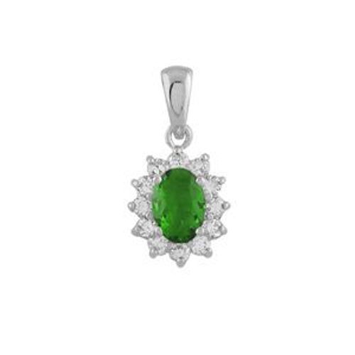 Petit Pendentif Argent Rhodié "Royal"  Pierre Synthétique Verte Entourage Pierres Blanches