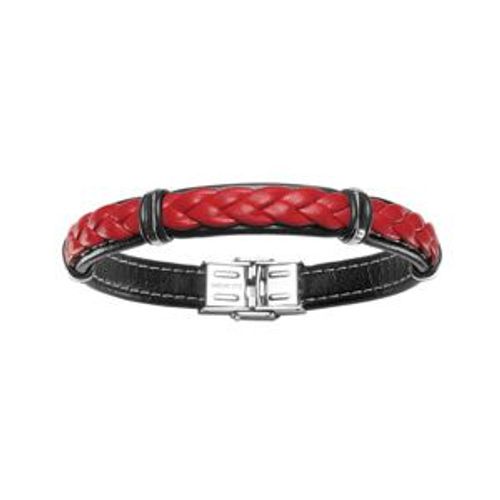 Bracelet Acier Et Cuir Bovin Rouge Et Noir Modèle Homme 21cm